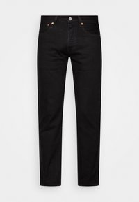 Pantalones vaqueros de denim negro con corte recto, que presentan un cierre de cremallera, cinco bolsillos y remaches de cobre. Textura suave y color uniforme en toda la prenda.