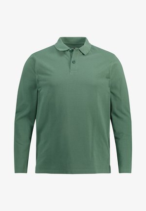 Koszulka polo z długim rękawem w stonowanej zieleni, wykonana z miękkiego materiału, z klasycznym kołnierzykiem, trzema guzikami i subtelnym logo przy dolnym brzegu.