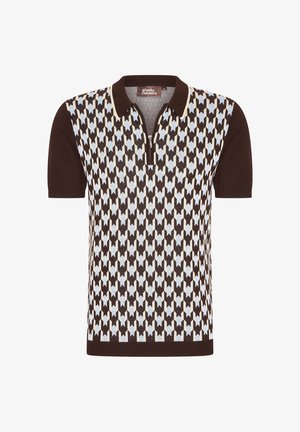 Brown and light blue patterned short-sleeve polo with a zip collar, featuring a geometric design and a textured knit material.