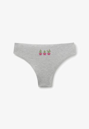 Graue Unterwäsche mit drei kleinen, pixelartigen grünen Kakteen in rosa Töpfen, die quer über den vorderen Bund gestickt sind.