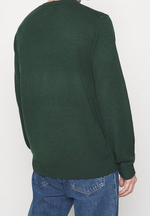Pull en maille vert foncé avec un col rond et des poignets côtelés, associé à un jean bleu. Vue de dos et design sans coutures.