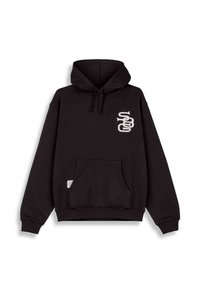 Sudadera con capucha negra de mezcla de algodón. Cuenta con un bolsillo frontal, capucha ajustable con cordón y un logotipo gráfico en la parte izquierda del pecho.