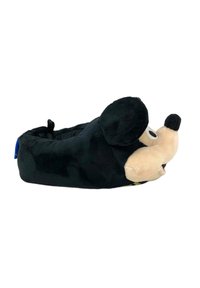 Pantofole di peluche a forma di Topolino con tessuto nero soffice, viso beige, grandi orecchie e superficie testurizzata. Presentano un'etichetta blu sul lato.