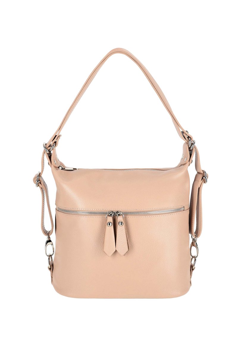 Beige læder skuldertaske med en struktureret form, der har en lynlås i toppen og en frontlomme med lynlås med dobbelte lynlåsdragere og sølvfarvede metalaccenter.