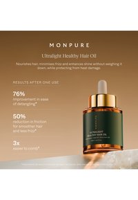 Monpure Ultralight Healthy Hair Oil -pullon kuva pinnalla, jossa tuote-edut ja käyttöön liittyvät tulokset beige taustalla.