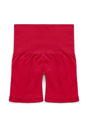 Pantaloncini da ciclismo in cotone rosso con cintura elastica liscia, caratterizzati da un taglio fino al ginocchio e orlo ripiegato sul fondo.