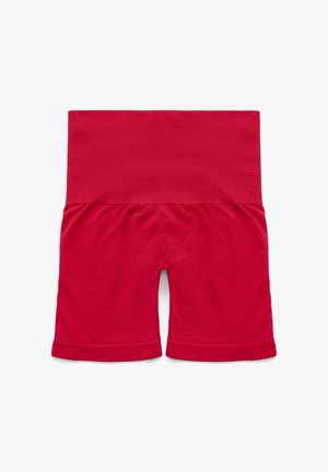 Pantaloncini da ciclismo in cotone rosso con cintura elastica liscia, caratterizzati da un taglio fino al ginocchio e orlo ripiegato sul fondo.