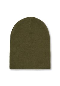 Berretto lavorato a maglia in verde oliva scuro. Texture morbida con un design senza cuciture, che si assottiglia verso l'alto. Nessun hardware o motivo visibile.