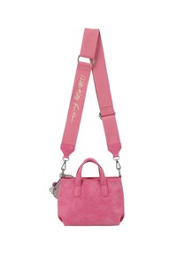 Borsa a tracolla in ecopelle rosa con doppi manici, tracolla larga removibile con il testo "Hello Kitty" e un charm a forma di viso di gatto.