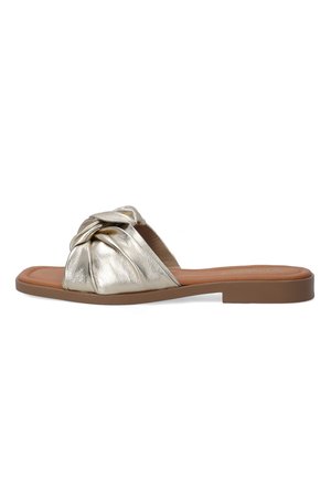 Metallic gold slide sandals with a knotted, textured upper and a flat brown sole. Smooth surface with minimalist design and open toe.
