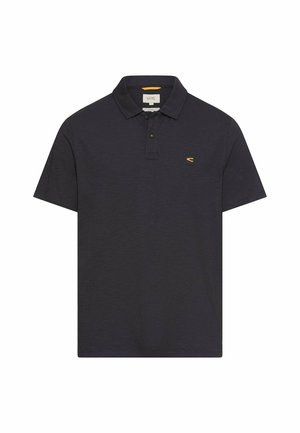 Dark navy short-sleeve polo shirt with two-button placket and small yellow logo on left chest.
