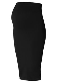 Zwarte geribbelde rok met een aansluitend ontwerp, tot op de knie. De stof heeft een gladde textuur en een brede tailleband voor extra comfort.