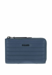 Portefeuille compact en cuir bleu avec surpiqûres verticales, fermeture éclair et logo noir en accent sur le devant. Texture lisse.