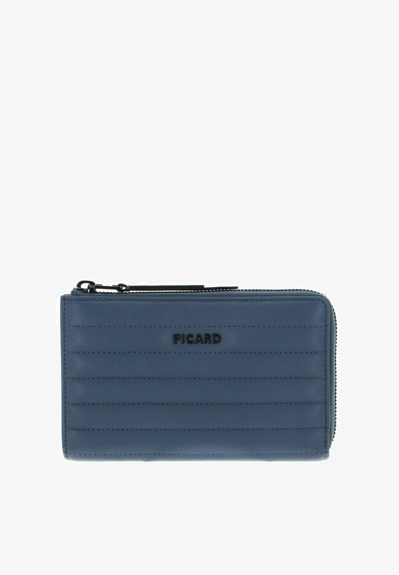 Portefeuille compact en cuir bleu avec surpiqûres verticales, fermeture éclair et logo noir en accent sur le devant. Texture lisse.