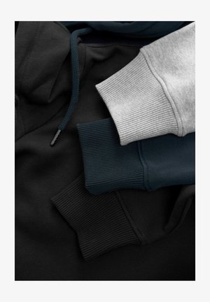 Three hooded sweatshirts: black, dark teal, and light gray. Features ribbed cuffs, drawstrings, and a smooth, soft texture.