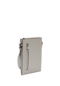Rectangular light gray leather crossbody bag with a front zip pocket, adjustable strap, and minimalistic design. Smooth texture, no additional patterns.