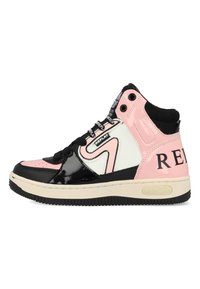 Hoge sneakers gemaakt van synthetische materialen in roze, zwart en wit. Glanzende accenten, zwarte veters en "REPLAY" branding aan de zijkant.