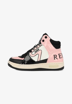Hoge sneakers gemaakt van synthetische materialen in roze, zwart en wit. Glanzende accenten, zwarte veters en "REPLAY" branding aan de zijkant.