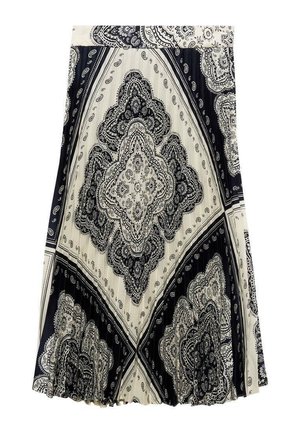 Black and white patterned skirt with a flared design, featuring intricate paisley motifs and a pleated texture.