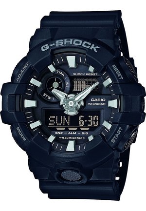 Czarny zegarek na rękę Casio G-Shock z wyświetlaczami analogowym i cyfrowym, pokazujący dzień, datę i czas, oznaczony jako odporny na wstrząsy i wodoodporny.