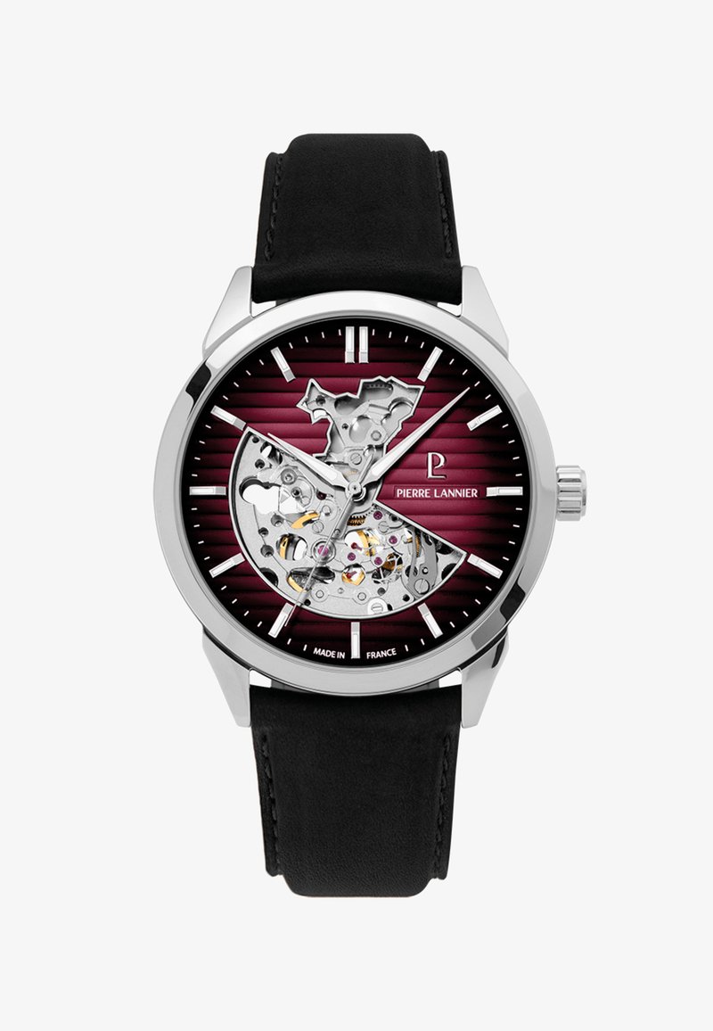 Srebrno-czarny zegarek na rękę z bordową tarczą, częściowo szkieletowy design ukazujący mechanizmy, srebrne indeksy godzin i czarny skórzany pasek.
