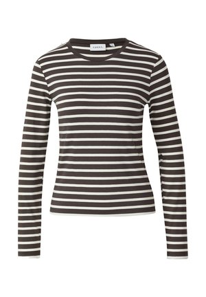 Top met lange mouwen in donkerbruin met witte horizontale strepen. Heeft een afgeronde halslijn en een zachte katoenmengstof.