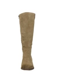 Knie hoge laars van zacht beige suede, met een ronde neus en een zijrits voor gemakkelijk aan- en uittrekken. Gladde, gestructureerde afwerking op de bovenkant.