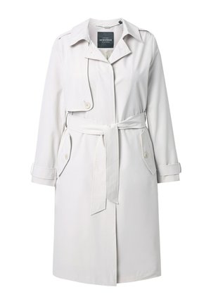 Hvid knælængde trenchcoat med bælte i taljen, knaplukning på lommerne med klapper samt knapdetaljer på manchetter og skuldre.