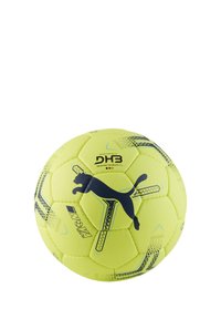 Gul håndbold med en tekstureret overflade, der har et sort Puma-logo og geometriske blå accenter. Hexagonale paneler skaber et klassisk design.