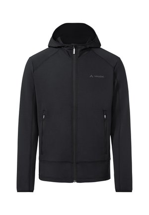 Schwarzer Hoodie mit Reißverschluss, zwei Reißverschlusstaschen und kleinem "Vaude"-Logo auf der linken Brust, vor weißem Hintergrund präsentiert.