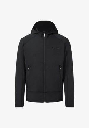 Sweat à capuche noir avec fermeture éclair, deux poches zippées et un petit logo "Vaude" sur la poitrine gauche, présenté sur un fond blanc.