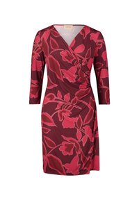 Robe longueur genou avec manches trois-quarts, base bordeaux et grand motif floral rose, dotée d'un col en V cache-cœur et d'un détail froncé à la taille.