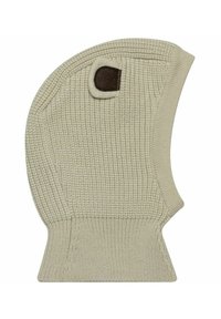 Beige gestrickte Sturmhaube mit strukturiertem Muster und braunem Stoffakzent. Sie ist so gestaltet, dass sie Kopf und Hals bedeckt und eng anliegt.