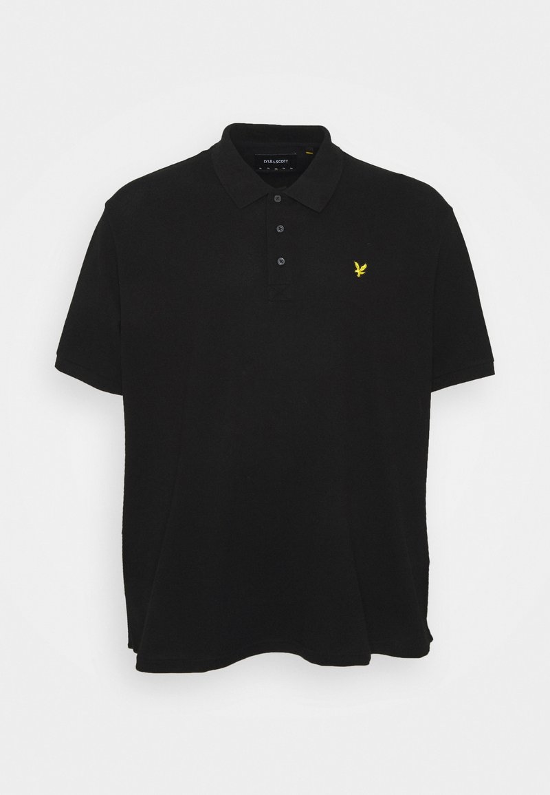 Polo noir à manches courtes avec trois boutons et un petit logo oiseau jaune sur la poitrine gauche.