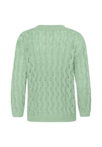 Light green knitted sweater with a textured, wave pattern and ribbed neckline. Long sleeves and a relaxed fit. No buttons or embellishments.