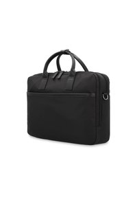 Bolsa de portátil negra de nailon con dos asas superiores, un bolsillo frontal con cremallera y un diseño rectangular limpio. Textura elegante y suave con acentos en contraste.