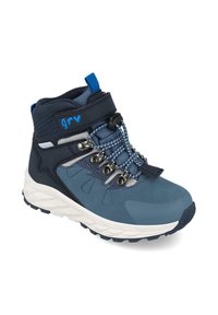 Botas de senderismo azules con una parte superior sintética texturizada, puntera reforzada, correa ajustable y cordones elásticos, que presentan una suela acolchada para mayor agarre.