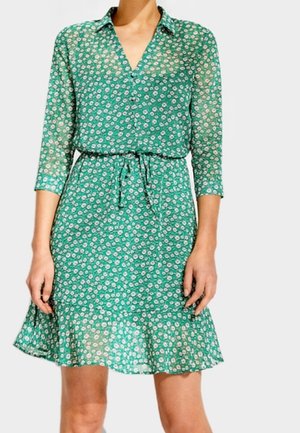 Zielona sukienka w kwiaty z kołnierzykiem zapinanym na guziki, rękawami o długości trzy czwarte, paskiem w talii oraz rozkloszowanym dołem. Wykonana z lekkiego, półprzezroczystego materiału.