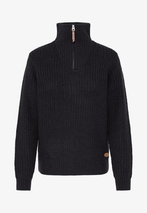 Juodas megztinis su ilgomis rankovėmis, raukšlėtu aukštu apykakliu, pusiau užtrauktuku su rudu traukikliu ir mažu ruduo logotipo ženkliuku netoli apačios.