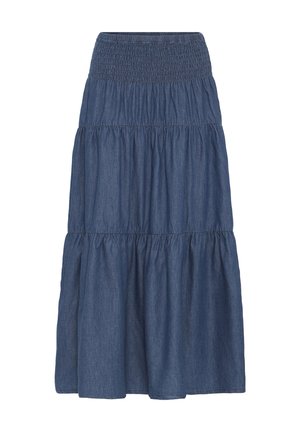 Jupe maxi bleue à volants avec taille élastique smockée, en tissu denim léger.