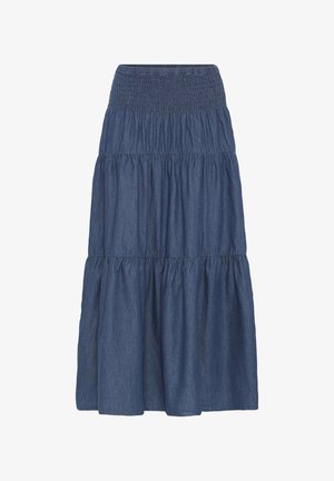 Blue tiered maxi skirt with smocked elastic waistband, made of lightweight denim fabric.