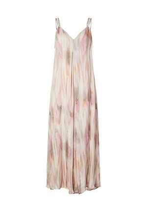 Robe longue fluide sans manches avec double fines bretelles, présentant un motif aquarelle abstrait doux rose, beige et gris sur un tissu léger.