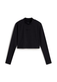 Black cropped long-sleeve top made of soft fabric. Features a round neckline and a subtle logo embossed on the front.