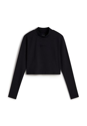 Black cropped long-sleeve top made of soft fabric. Features a round neckline and a subtle logo embossed on the front.