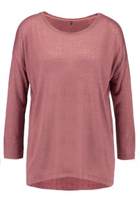 Maglia a maniche lunghe in mauve, realizzata in un tessuto leggero e textured. Presenta un collo rotondo e una vestibilità rilassata con un orlo leggermente curvato.