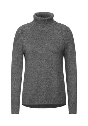 Maglione a collo alto grigio realizzato in morbido tessuto a maglia, con maniche lunghe a raglan, colletto a coste e orlo dritto.