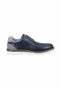 Scarpa in pelle blu navy con design perforato, accenti in suede grigio, punta rotonda, suola in gomma bianca e dettagli di cucitura a contrasto.