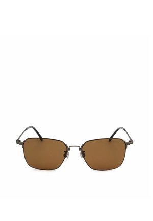 Occhiali da sole con lenti geometriche marroni sfumate e montatura sottile in metallo nero, dotati di naselli regolabili e aste sottili.