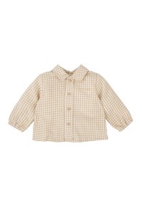 Camisa de cuadros en beige y blanco de manga larga con cuello y cierre de botones en la parte delantera. Textura suave y con elástico recogido en los puños.