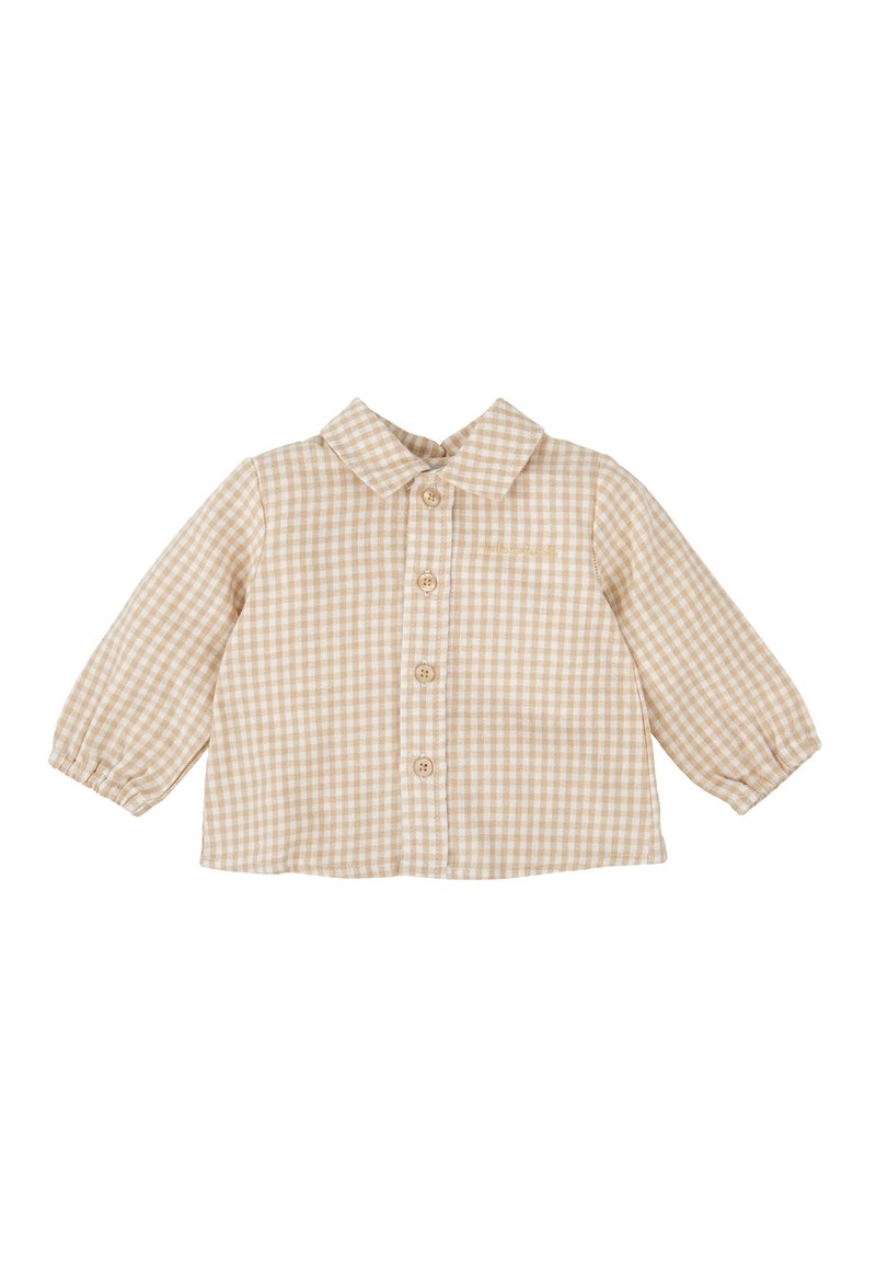Camisa de cuadros en beige y blanco de manga larga con cuello y cierre de botones en la parte delantera. Textura suave y con elástico recogido en los puños.